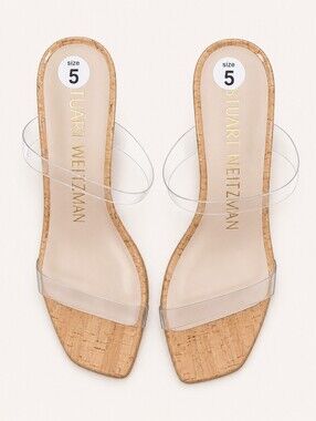 Stuart Weitzman Aleena 50 Clear PVC Cork Wedge Slide Sandals Size 5